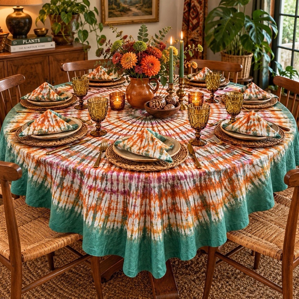 VTG Tie Dye Tablecloth Napkins 9 Pc Set 66" Eclectic Boho Hippie Hand Dyed Retro